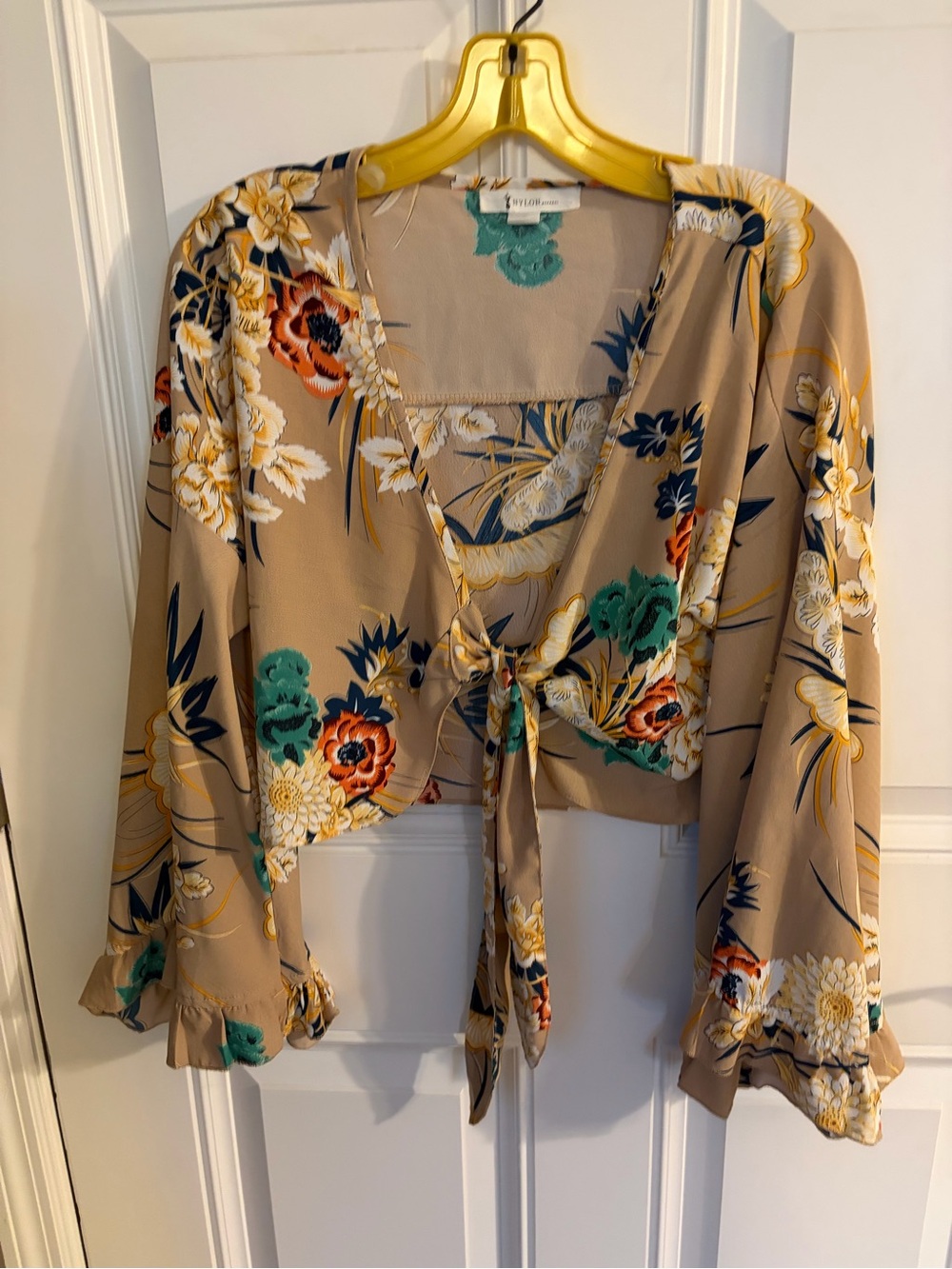 Tie-Front Floral Crop Top in Beige by Nylon
